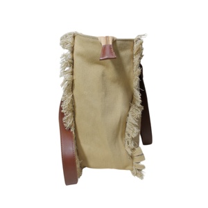 Bolso de lona de piel de vaca rústico informal para mujer, forro de algodón orgánico, cierre de cremallera, ribete de flecos, dos correas de hombro de cuero, cadena - Product Image 6