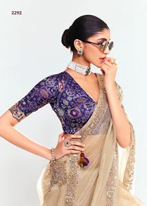 ผ้าไหมซิมเมอร์ทิสเซิล ซารี ปักลายด้วยมือ งานดีไซน์เนอร์ พร้อมเสื้อคลุมเข้าชุดสีตัดกัน - Product Image 4