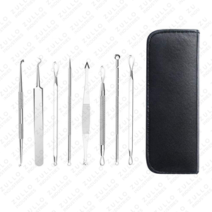 Ensemble d'outils de soin du visage en acier inoxydable 5 pièces – Extracteur de points noirs, d'imperfections et de comédons avec étui en cuir - Product Image 1