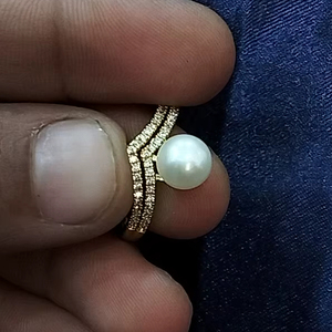 Bague en perle d'eau douce plaquée diamant américain avec pierres, réglable, élégante, bijoux en perles pour femmes - Product Image 4