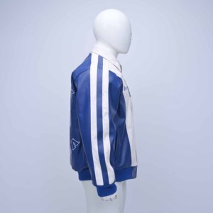 Overtime Hampton Real Leather Winter <b>Jacket</b> <b>Men</b> Blue <b>White</b> Embroidered Letter Logo Zipper Front Turn-down Collar Preppy Style - Product Image 4