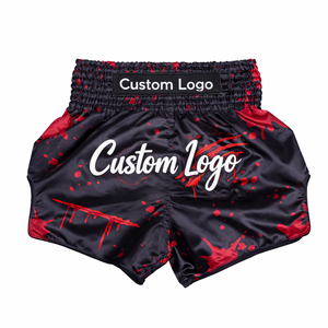 Pantalones Cortos de Muay Thai Personalizados de Última Tendencia, Negros con Gráficos Rojos, Profesionales de Boxeo, Ajuste Delgado, Ligeros, Transpirables, Premium - Product Image 1