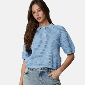 Women's Light Blue Short Sleeve Knitted Polo Shirt Solid Color Casual Breathable 100% Cotton - Product Image 6