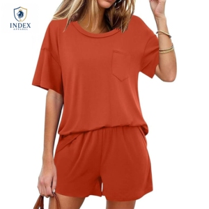Conjunto de 2 Piezas de Shorts para Mujer, Color Sólido, Tejido de Algodón, Casual, Cuello Redondo, Manga Corta, Transpirable, para Invierno - Product Image 1