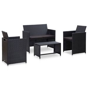 Set da salotto in 4 pezzi in Poly Rattan nero con cuscini per mobili da esterno - Product Image 1