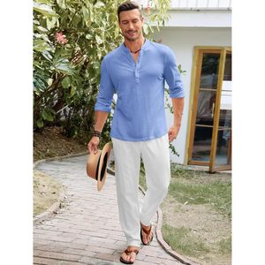 2025 <b>Men's</b> Casual Summer Beach Tops Long Sleeve <b>Henley</b> <b>Shirt</b> Roll up Cotton Hippie Design - Product Image 2