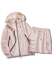 Conjunto de Chaqueta y Pantalones Cortos con Capucha y Cordón Ajustable, Unisex, Ligero, de Color Sólido, Cortavientos Casual de Otoño, Manga Larga, Bolsillos Laterales, Poliéster - Product Image 1