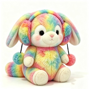 Peluche de lapin personnalisée à visage rond et oreilles tombantes, Peluche de lapin à visage rond et oreilles tombantes, Peluche de lapin à queue arc-en-ciel, Lapin avec cache-oreilles pompons multicolores - Product Image 5