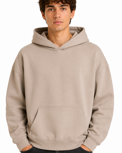 Sweat-shirt à capuche beige surdimensionné pour homme, coupe décontractée, style streetwear minimaliste, en molleton de coton doux - Product Image 4