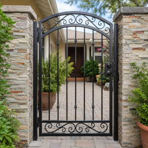 Portail de jardin décoratif en fer forgé noir avec motif arqué, panneau de clôture d'entrée piétonne extérieure - Product Image 1