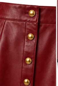 <b>Women's</b> Burgundy <b>Leather</b> High Waist A-Line Mini <b>Skirt</b> With Gold Buttons - Product Image 3