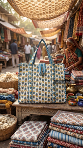 Bolso Tote Grande de Algodón Acolchado con Estampado Floral Hecho a Mano en Jaipur para Primavera/Verano, con Cremallera, Ecológico, para Playa o Viaje, para Mujer - Product Image 4