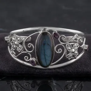 925 <b>Sterling</b> <b>Silver</b> Labradorite Cuff <b>Bracelet</b> Ornate Floral Scroll Design Natural Blue Fire Gemstone <b>Women</b>’s Statement Jewelry - Product Image 2