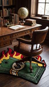 Tapis d'intérieur antidérapant en laine tuftée à la main, motif flamme de billets de banque, unique, pour salon, chambre à coucher, salle de jeux - Product Image 3