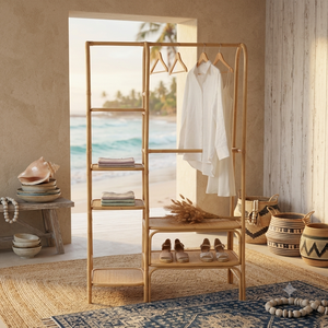 Porte-vêtements moderne en bois durable, support de rangement tissé pour vêtements, étagères de présentation, organisateur double niveau sur pied - Product Image 5