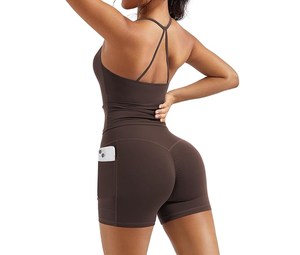 Women Backless Workout Jumpsuit One Piece Sleeveless Gym Romper Bodycon Tummy <b>Control</b> Scrunch Shorts Yoga Bodysuit - Product Image 4