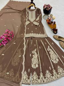 Conjunto de traje Sharara de georgette de zorro puro de diseñador para mujer con bordado de lentejuelas y dupatta, completamente cosido, para fiesta, estilo étnico. - Product Image 4