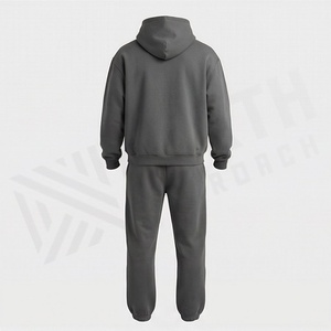 Ensemble de survêtement unisexe gris à capuche, couleur unie, décontracté, sweat-shirt et pantalon avec cordon de serrage, 100 % coton - Product Image 2