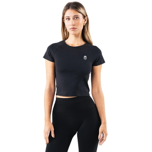 Camiseta Deportiva Corta para Mujer, Negra, Suave y Elástica, de Manga Corta, para Gimnasio, Yoga, Entrenamiento - Product Image 1