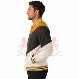 Blouson universitaire gris moutarde audacieux, style color block contemporain, tissu doux, bordure côtelée, tenue décontractée et tendance - Product Image 3