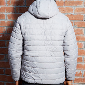 Men's Grey Hooded Puffer Jacket With Neon Green Zipper Windproof Casual Autumn Wear Slim Fit Polyester <b>Wadding</b> Regular Length - Product Image 2