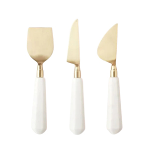 Designer White and Coral Marble Handle Gold Stainless Steel Cheese Knife <b>Set</b> Decorative Party Serving Utensils - Product Image 3