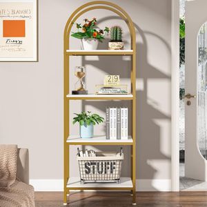 Étagère à livres arquée à 5 niveaux en bois d'acacia massif naturel de luxe avec cadre en métal doré pour la maison, le bureau, le salon, l'affichage et le rangement - Product Image 3