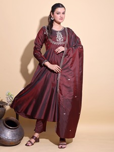 Peach silk Anarkali <b>Kurta</b> Trousers Set Mirror Work Embroidered Indian Pakistani Outfit with Dupatta for <b>Women</b> - Product Image 4