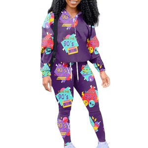 Women <b>90s</b> Nostalgic Sublimation <b>Tracksuit</b> Full Length Hoodie Pants Set Casual Sportswear Digital Print Spandex Polyester - Product Image 1