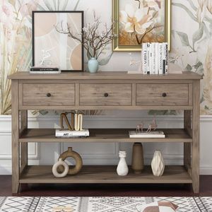 Wash Gray Console Table with <b>Wood</b> <b>Frame</b> and Legs 3 Drawers and 2 Open Shelves <b>for</b> Entryway or <b>Sofa</b> Table - Product Image 1