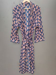 <b>Navy</b> Blue Floral Cotton Kimono Robe with Belt | Women’s Lounge Robe | Handmade Bathrobe - Product Image 1