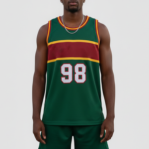Maillot de basket-ball personnalisé sublimé pour homme, sans manches, rayures vertes, rouges et jaunes, numéro 98, maille respirante, coupe régulière, adulte - Product Image 5