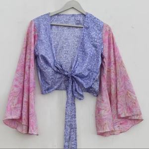 Nueva llegada seda hecha a mano verano campana manga Crop Top blusa pura seda Patchwork Crop Top para mujer - Product Image 1