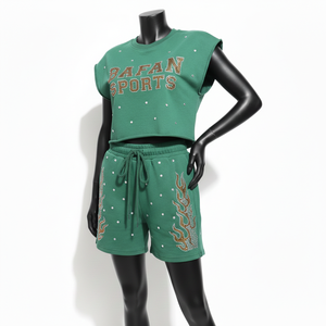 Conjunto de Camiseta sin Mangas y Pantalones Cortos de Algodón Grueso 100% para Mujer, con Logotipo Verde Cristal, Ropa de Verano - Product Image 4