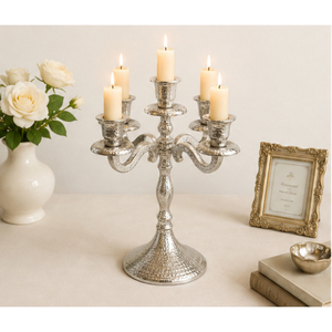 En gros, Candelabre vintage argenté à 5 bras en aluminium martelé, Centre de table en métal pour décoration de mariage de luxe - Product Image 6