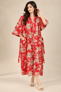 Kimono de Algodón Estampado a Mano con Flores Rojas, Cuello en V, Ropa de Dormir con Bolsillos y Cordón Ajustable, Manga Larga, Ropa de Estar por Casa de Primera Calidad para Mujer - Product Image 1