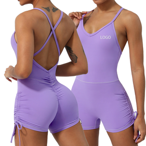 <b>Womens</b> Purple Seamless Ruched <b>Romper</b> Sleeveless V Neck High Waist Drawstring Shorts Jumpsuit Summer - Product Image 6