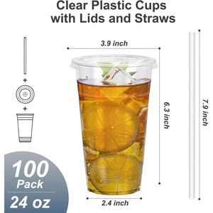 Bicchieri di Plastica Trasparente Usa e Getta da 24 oz con Coperchi e Cannucce, Confezione da 100, Sicuri per Alimenti, per Caffè Freddo, Robusti e con Superficie Liscia - Product Image 2