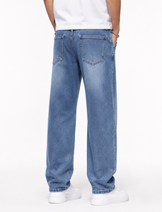 Jean en denim bleu clair pour homme, coupe large, taille haute, décontracté, longueur intégrale, en coton délavé, style streetwear, mode quotidienne - Product Image 1