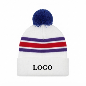 Bonnet en tricot rayé blanc avec pompon bleu, bonnet d'hiver chaud en tricot, bonnet rayé avec pompon, bonnet d'hiver - Product Image 1