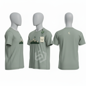T-shirt imprimé vert à manches courtes et col rond pour homme, coupe classique, en jersey de coton décontracté avec motif paysage urbain et logo frontal - Product Image 1