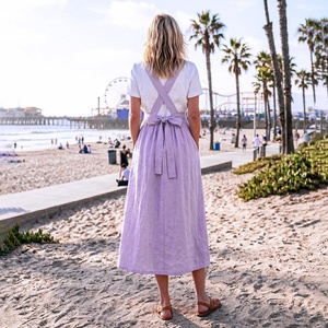 Linen Pinafore Dress Women Cross <b>Back</b> <b>Tie</b> Waist Midi Apron Dress Summer Sleeveless Dress with Pockets Plus Size - Product Image 2