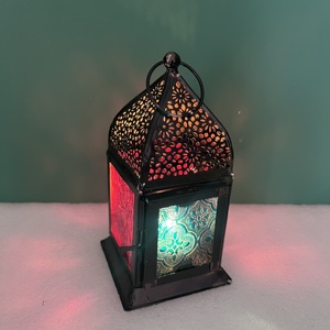 Artisan Design Small Decorative Iron and Color Glass <b>Lantern</b> with Black Finish <b>Mini</b> Home Decoration - Product Image 6