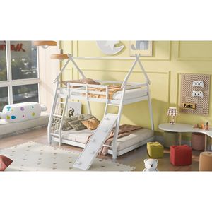 White Twin Over Queen House Bunk <b>Bed</b> with Climbing <b>Nets</b> and Ramp Kids' Furniture - Product Image 4