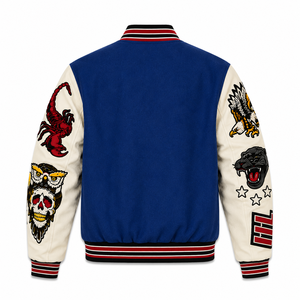 Blouson universitaire d'hiver en cuir brodé bleu de qualité supérieure, personnalisé, avec motif crâne et scorpion, rembourrage en polyester - Product Image 2