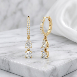 1.40 CTW Round and Pear <b>Diamond</b> Two-Stone Huggie Drop <b>Earrings</b> - Product Image 1