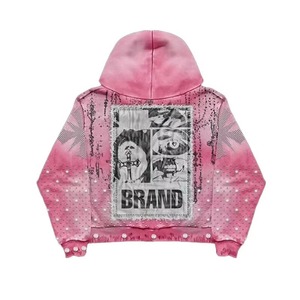 BRAND Pink Printed Hooded Sweatshirt <b>Set</b> Men Streetwear <b>Knitted</b> Polyester Spring Casual Outfit - Product Image 4