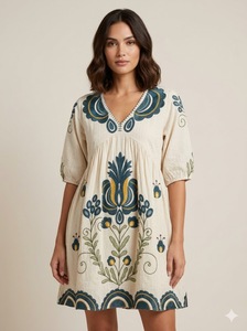 Robe d'été décontractée en coton tissé respirant, coupe ample, col en V, broderie florale bohème, manches courtes, style A-line - Product Image 2