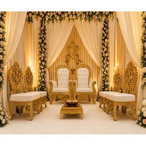 Nouvelle collection de chaises de mandap de mariage finition or, mobilier de mandap royal pour les mariés, ensemble de chaises Maharaja modernes pour mandap de mariage ouvert, en promotion - Product Image 1