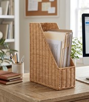 Organisateur de bureau en rotin tressé à la main, panier de rangement vertical haut en osier, support de rangement rustique naturel pour livres et documents
